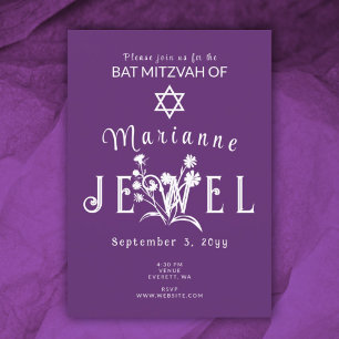 Convites Letras de Flor Selvagem de Bat Roxo Mitzvah