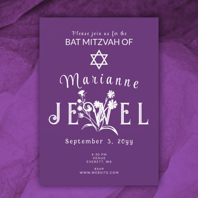 Convites Letras de Flor Selvagem de Bat Roxo Mitzvah (plum purple floral bat mitzvah party invitations botanical wild flowers spring summer springtime)
