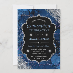 Convites Letras de Sereia Brilho Azul Profundo Quinceanera