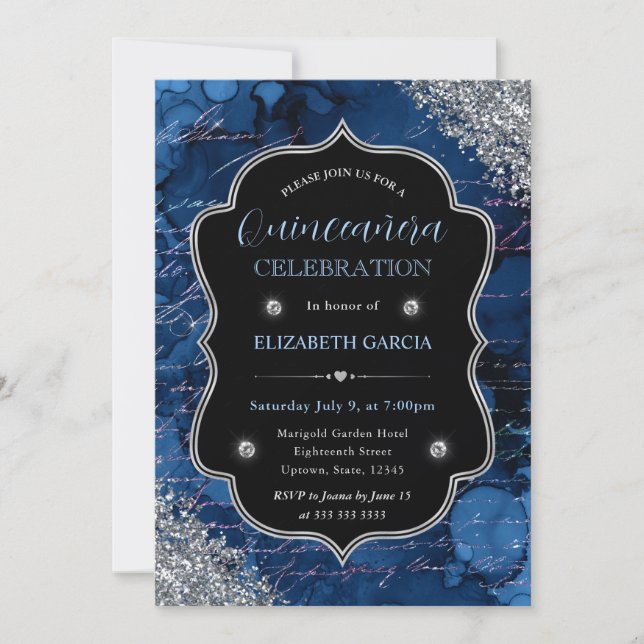 Convites Letras de Sereia Brilho Azul Profundo Quinceanera (Frente)