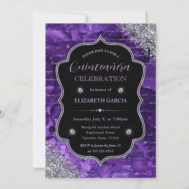 Convites Letras de Sereia com Brilho Roxo Quinceanera (Frente)