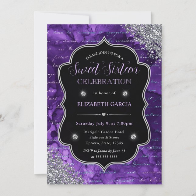 Convites Letras de Sereia com Brilho Roxo Sweet 16 (Frente)