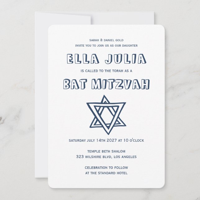 Convites LETRAS EXTERNAS DE DAVID Custom Bat Mitzvah (Frente)