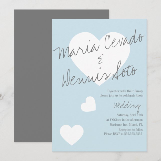 Convites Letreiro Flutuante de Coração Casamento Azul Cinza (Frente/Verso)
