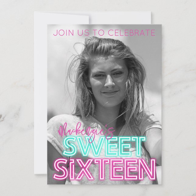Convites Letreiro Neon Retro com Foto Preto e Branco Sweet  (Frente)