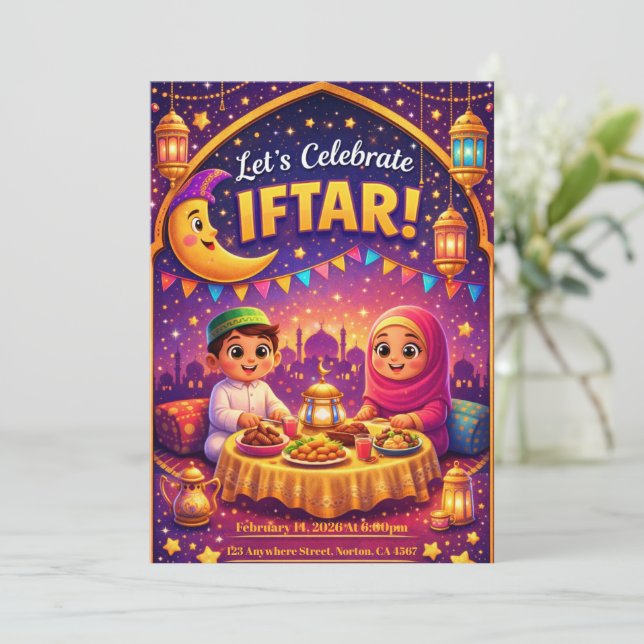 Convites Let's Celebrate Iftar! Playful Ramadan Invitation (Em pé/Frente)