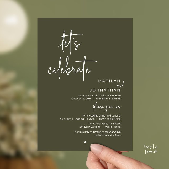 Convites Let's Celebrate, Minimal Modern Wedding Reception (Let's Celebrate, Modern Minimal Wedding Reception dinner dancing Invitation card olive green)