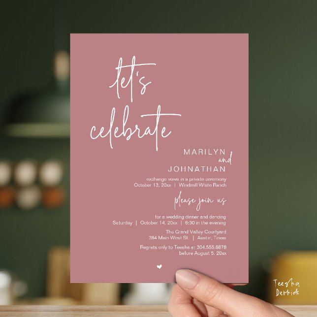 Convites Let's Celebrate, Minimal Modern Wedding Reception (Let's Celebrate, Modern Minimal Wedding Reception dinner dancing Invitation card dusty rose pink)