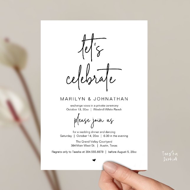 Convites Let's Celebrate, Modern Minimal Wedding Reception (Let's Celebrate, Modern Minimal Wedding Reception dinner dancing Invitation card black and white)
