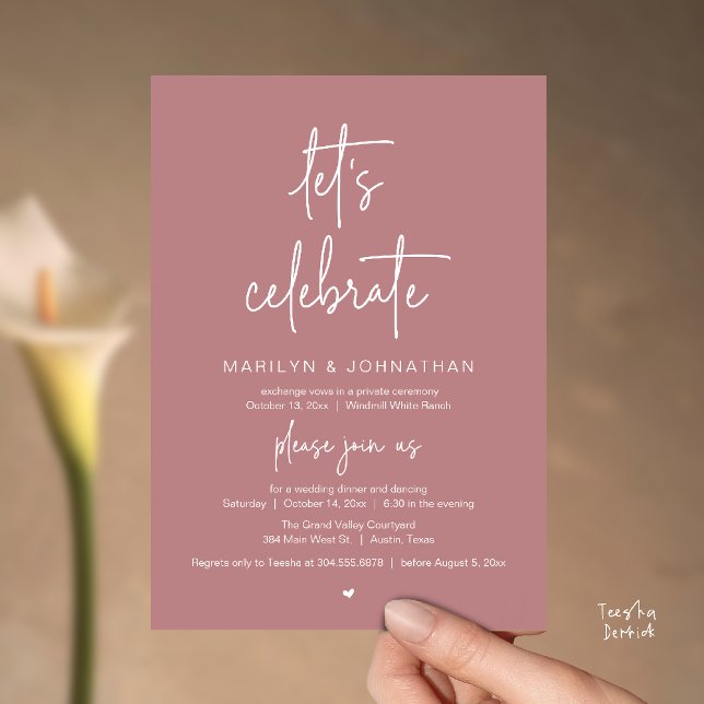 Convites Let's Celebrate, Modern Minimal Wedding Reception (Let's Celebrate, Modern Minimal Wedding Reception dinner dancing Invitation card dusty rose pink)