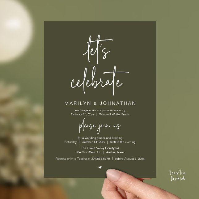 Convites Let's Celebrate, Modern Minimal Wedding Reception (Let's Celebrate, Modern Minimal Wedding Reception dinner dancing Invitation card olive green)