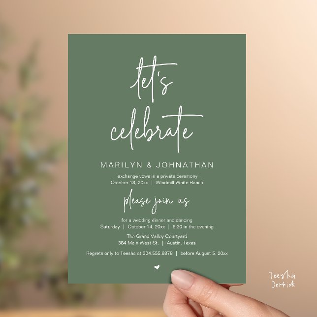Convites Let's Celebrate, Modern Minimal Wedding Reception (Let's Celebrate, Modern Minimal Wedding Reception dinner dancing Invitation card sage green)