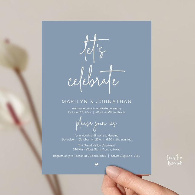 Convites Let's Celebrate, Modern Minimal Wedding Reception (Let's Celebrate, Modern Minimal Wedding Reception dinner dancing Invitation card dusty blue)