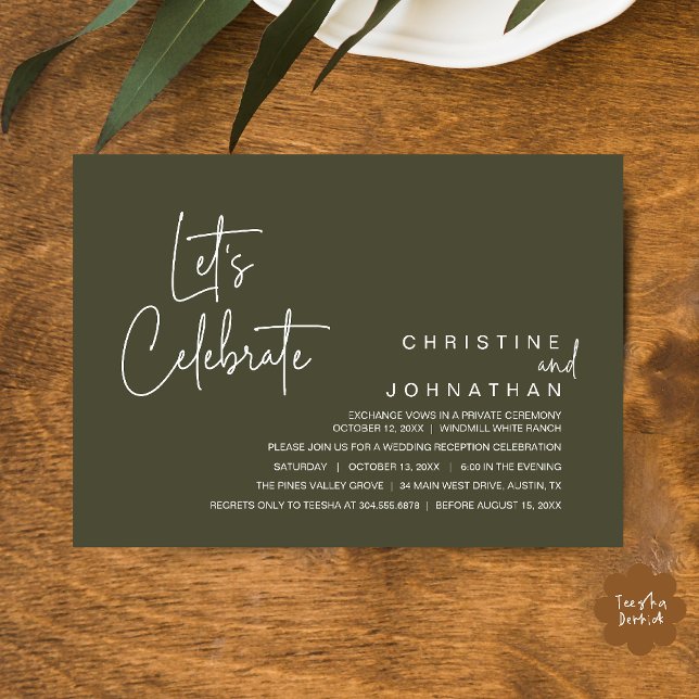 Convites Let's Celebrate, Wedding Elopement Dinner Party (Let's Celebrate, modern minimal Wedding Elopement Dinner Party Invitation card in olive green)