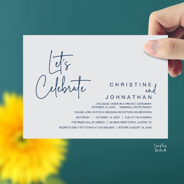 Convites Let's Celebrate, Wedding Elopement Dinner Party (Let's Celebrate, modern minimal Wedding Elopement Dinner Party Invitation card in navy blue grey)