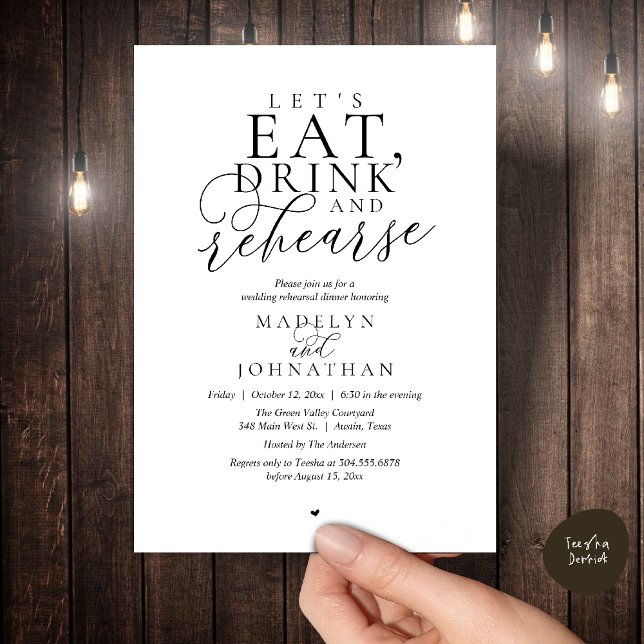 Convites "Let's eat, drink and rehearse", Rehearsal Dinner ("Let's eat, drink and rehearse", Rehearsal Dinner Invitation card in black and white)