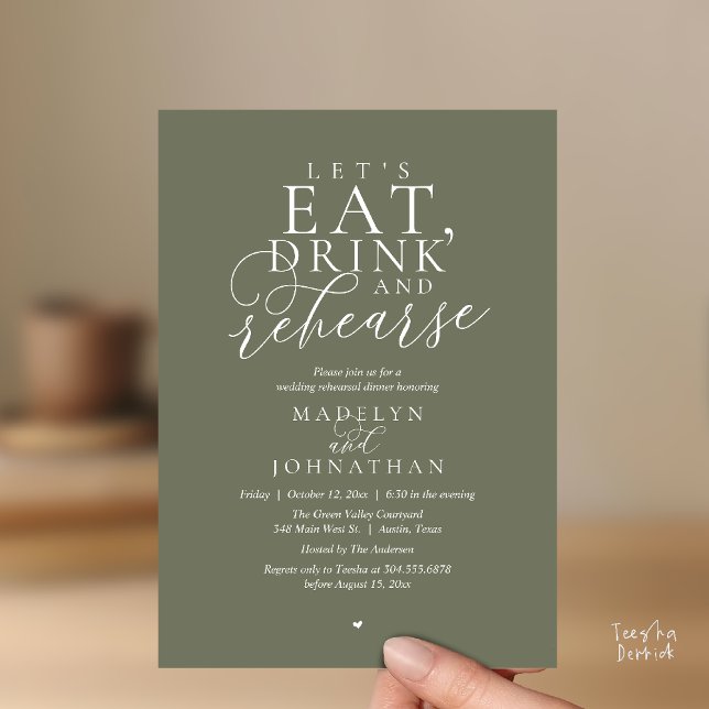Convites "Let's eat, drink and rehearse", Rehearsal Dinner ("Let's eat, drink and rehearse", Rehearsal Dinner Invitation card in olive sage green)