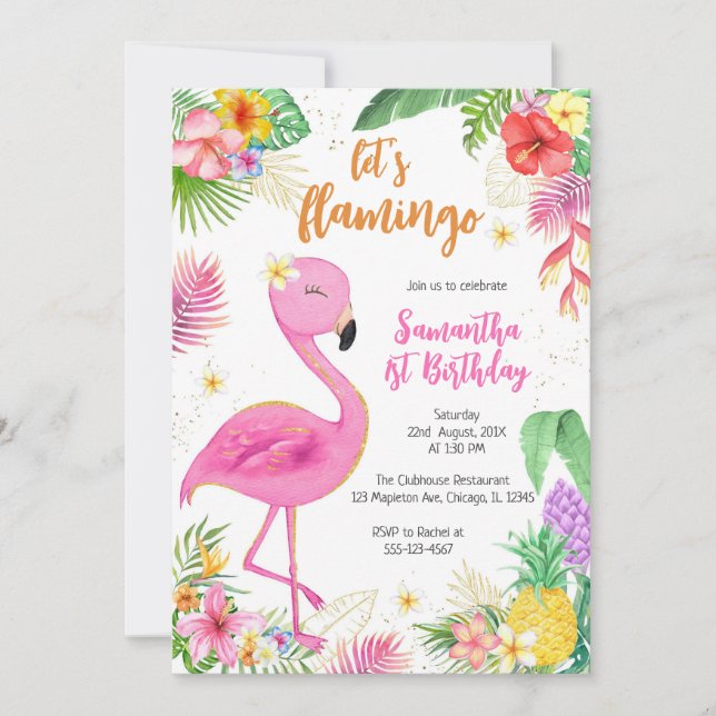 Convites Let's Flamingle Pink Girl Tropical Birthday (Frente)