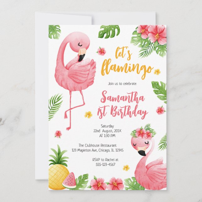 Convites Let's Flamingle Pink Girl Tropical Birthday (Frente)