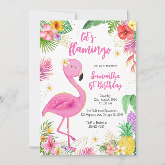 Convites Let's Flamingle Pink Girl Tropical Birthday (Frente)