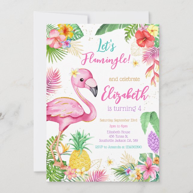 Convites Let's Flamingo Flamingle Tropical Birthday  (Frente)