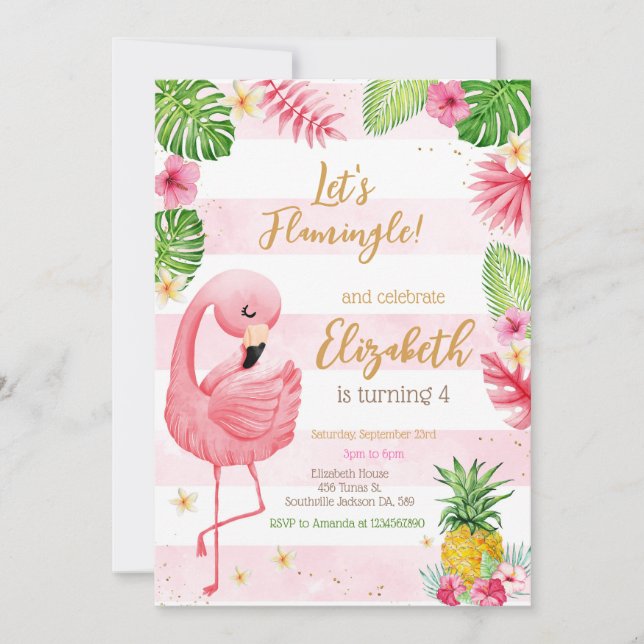 Convites Let's Flamingo Flamingle Tropical Birthday (Frente)