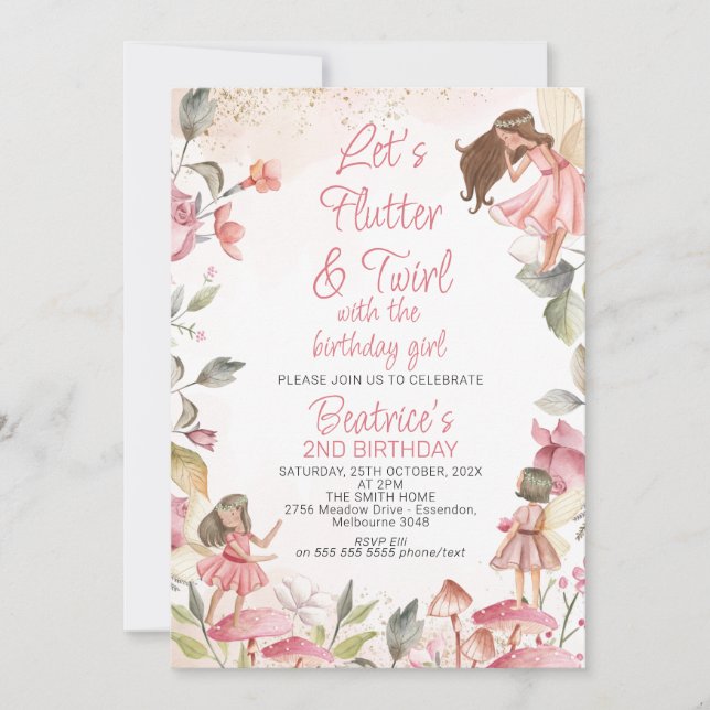 Convites Lets Flutter and Twirl Floral Fairy Birday (Frente)