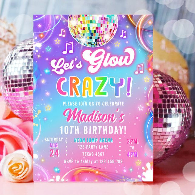 Convites Let's Glow Crazy Disco Neon Glow Girl Birthday (Criador carregado)