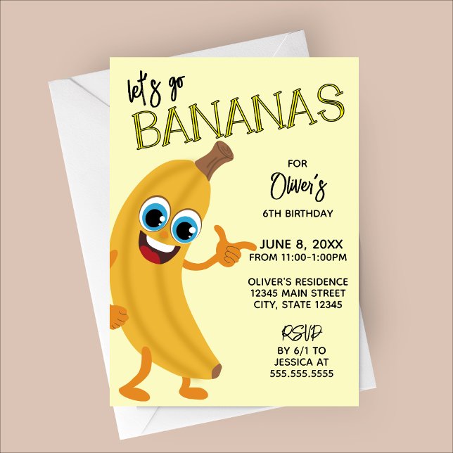 Convites Let's Go Bananas Kids Birthday Invitation (Let's Go Bananas | Banana Kawaii Cartoon Character Birthday Invitation)