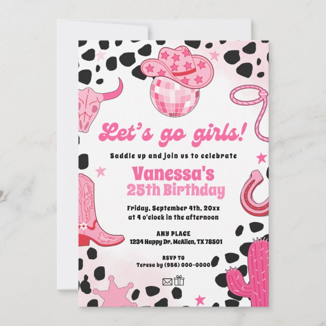 Convites Let's go Girls Disco Cowgirl Space Rodeo Birthday (Frente)