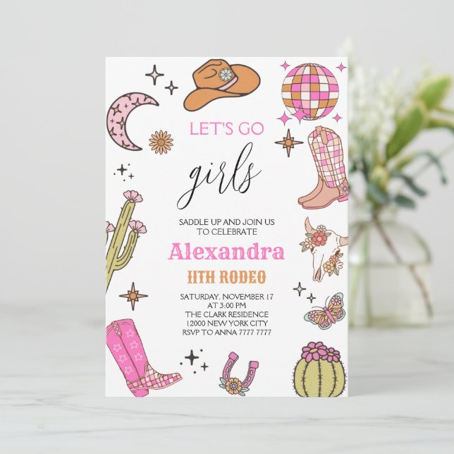 Convites Let's Go Girls Disco Rodeo Wester Cowgirl birthday (Em pé/Frente)