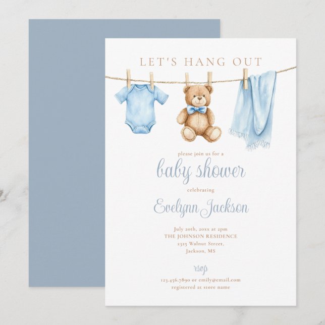 Convites Let's Hang Out Blue Boy Clothesline Baby Shower (Frente/Verso)