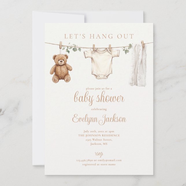 Convites Lets Hang Out Clothesline Neutral Baby Shower (Frente)