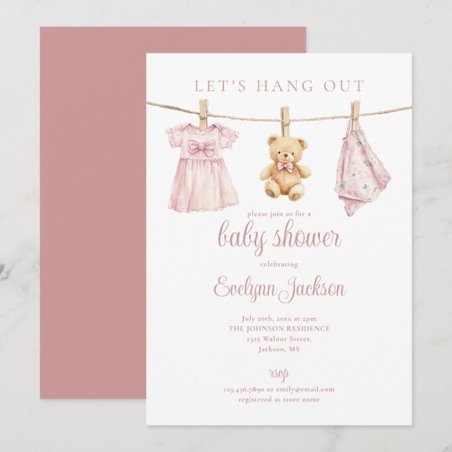 Convites Lets Hang Out Pink Girl Clothesline Baby Shower (Frente/Verso)