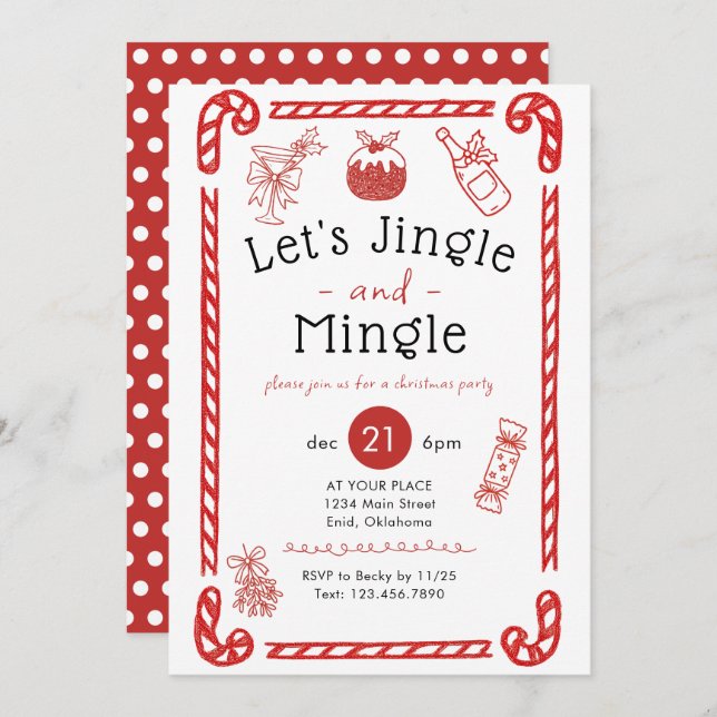 Convites Let's Jingle and Mingle Red Doodle Holiday Party (Frente/Verso)