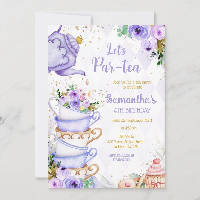 Convites Let's Par-tea Birthday Tea Party Invitation (Frente)