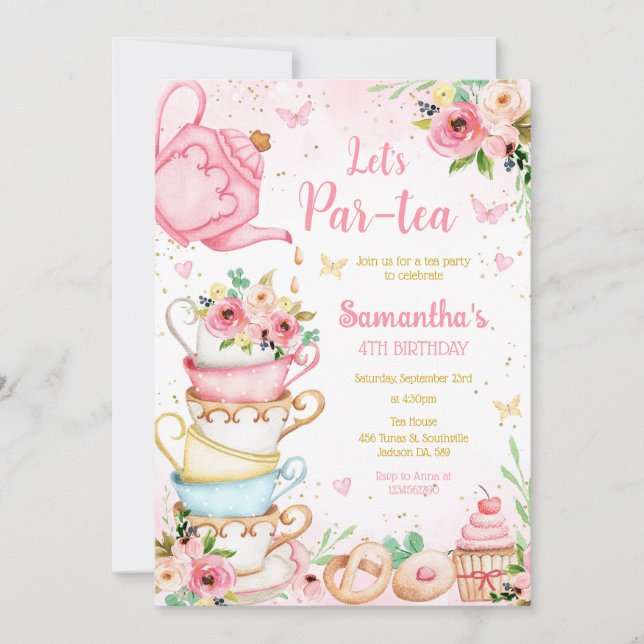 Convites Let's Par-tea Birthday Tea Party Invitation (Frente)