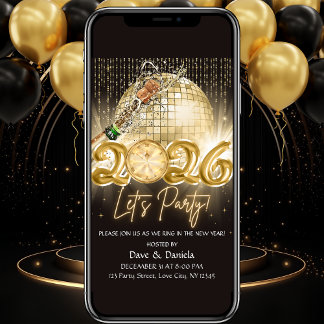 Convites Lets Party Black Gold New Year Eve 2026 Invitation