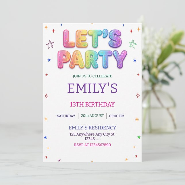 Convites Let's Party Colorful Birthday Party (Em pé/Frente)