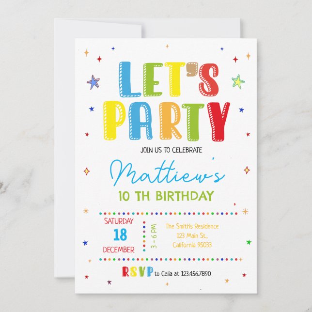 Convites Let's party colorful birthday party (Frente)