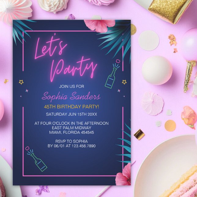 Convites Let's Party Neon Electric Pink Birthday  (Criador carregado)