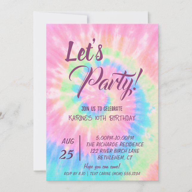 Convites Let's Party, Pink Tie Dye birthday (Frente)