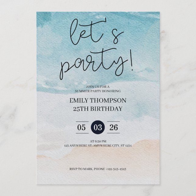 Convites Let's Party Tropical Beach Birthday Party  (Frente)
