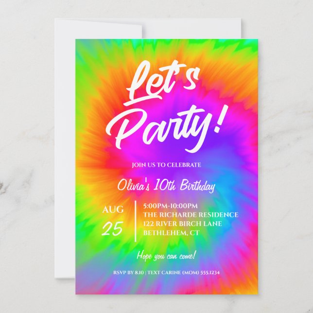 Convites Let's Party Vibrant Tie Dye  birthday  (Frente)