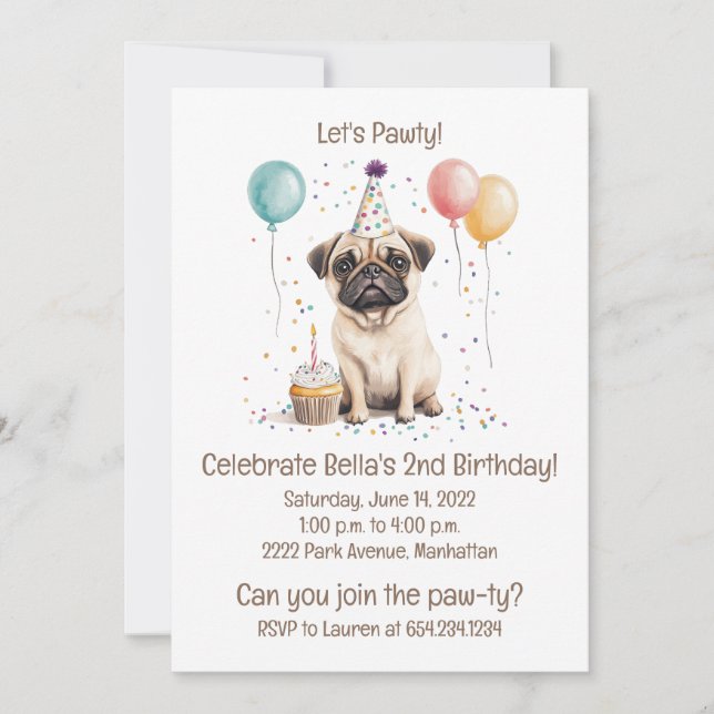 Convites Let's Pawty Birthday Pug Dogs Cupcake (Frente)