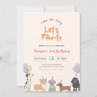 Convites Lets Pawty Watercolor Cute Puppy Dog Pet Birthday