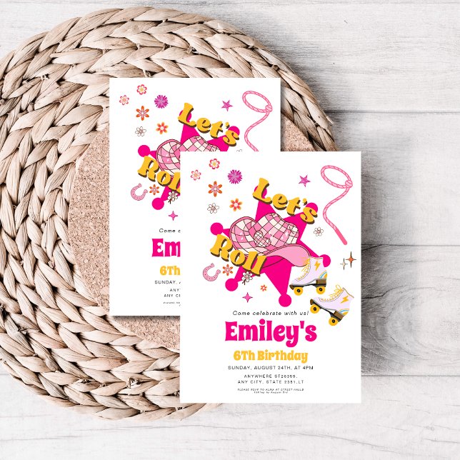 Convites Let's Roll Girl Cowgirl roller skate Birthday  (Criador carregado)