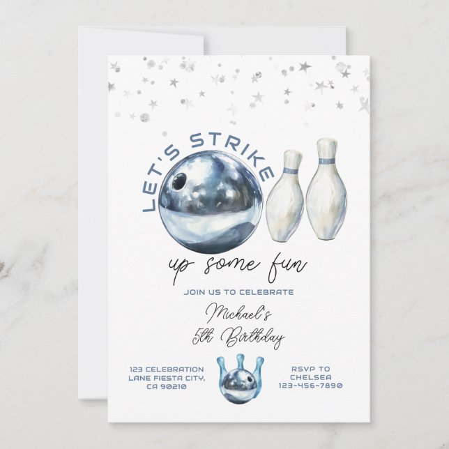 Convites Let's Strike Boy 5th Galaxy bowling birthday party (Frente)