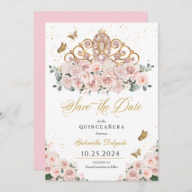 Convites Leve Rosa E Dourada Tiara Salve A Data Quinceañera (Frente/Verso)