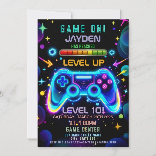 Convites Level Up Gamer Birthday Invitation – Neon Game (Frente)
